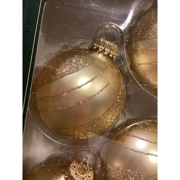 Krebs Christmas Glass Bulb Ornaments 4 Harvest Gold Balls Glitter Swirls Boxed - Picture 2 of 10